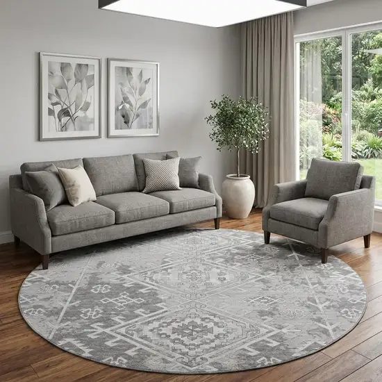 8' Ash Gray And Ivory Diamond Distressed Washable Round Rug With UV Protection Photo 1