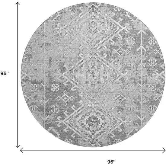 8' Ash Gray And Ivory Geometric Washable Round Rug With UV Protection Photo 3