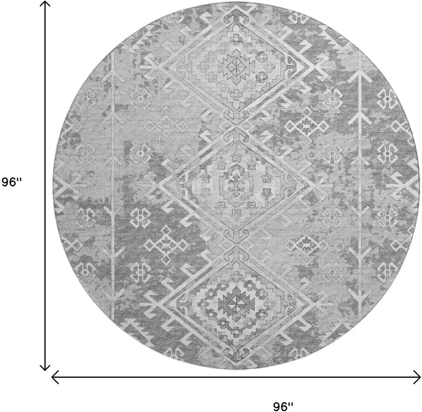 8' Ash Gray And Ivory Geometric Washable Round Rug With UV Protection Photo 3