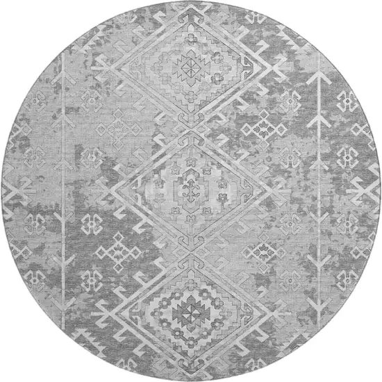 8' Ash Gray And Ivory Geometric Washable Round Rug With UV Protection Photo 2