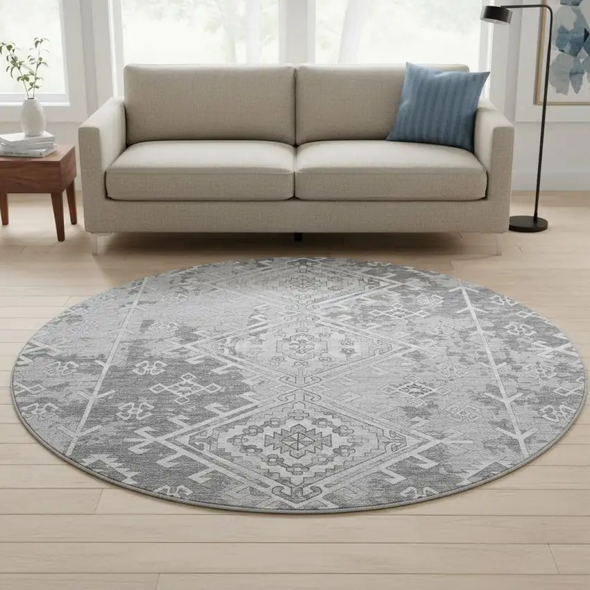 8' Ash Gray And Ivory Geometric Washable Round Rug With UV Protection Photo 1