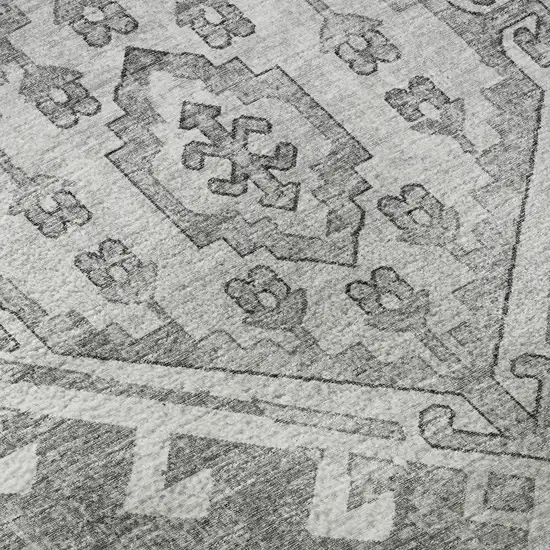 8' Ash Gray And Ivory Geometric Washable Round Rug With UV Protection Photo 9