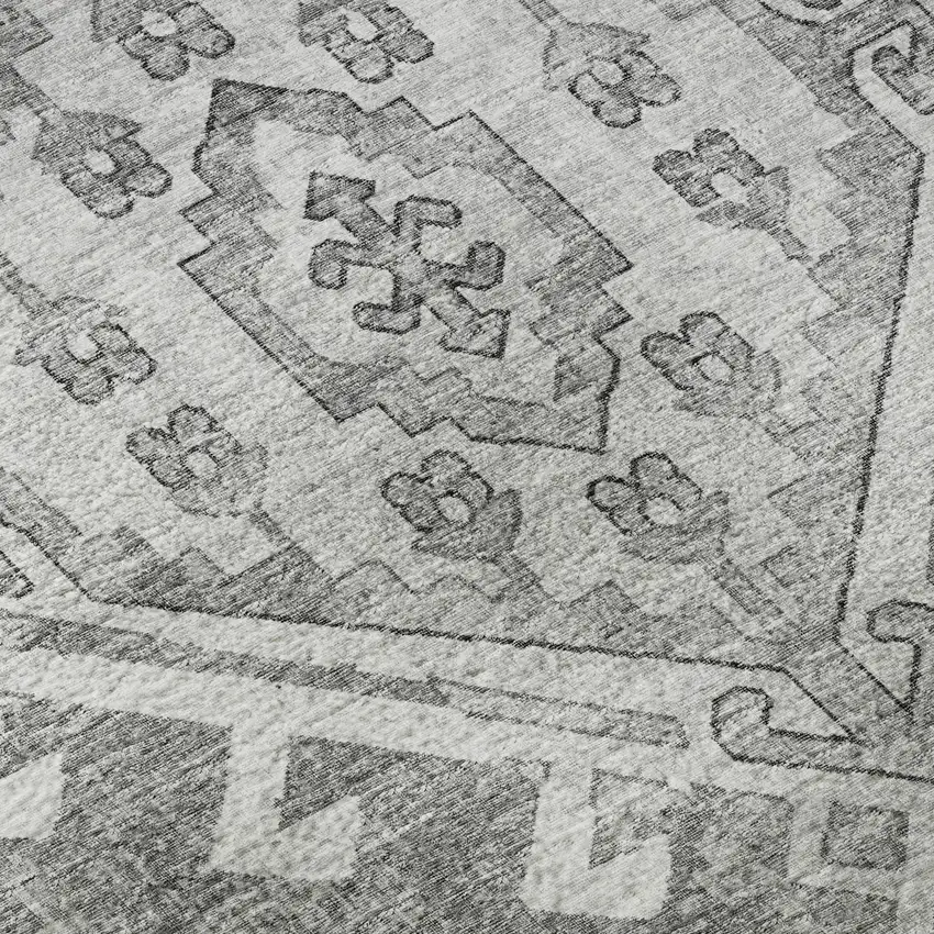 8' Ash Gray And Ivory Geometric Washable Round Rug With UV Protection Photo 9