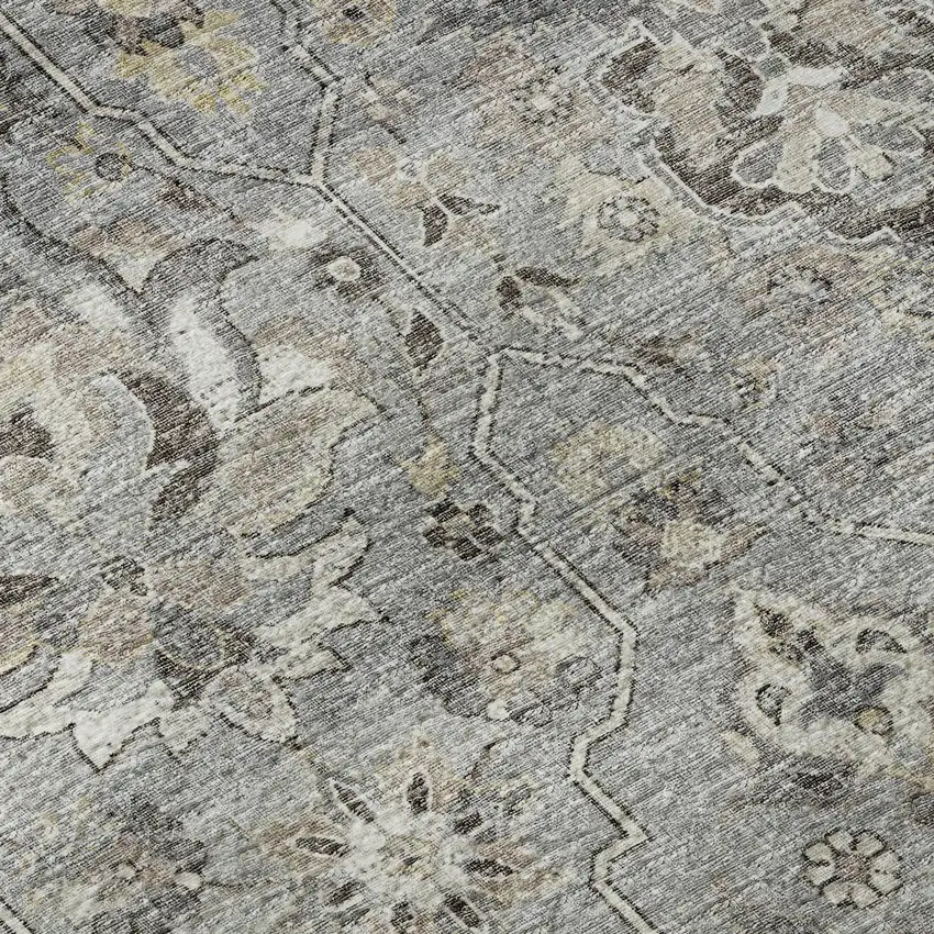 8' Ash Gray Brown And Ivory Floral Medallion Washable Round Rug With UV Protection Photo 9