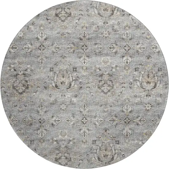 8' Ash Gray Brown And Ivory Floral Medallion Washable Round Rug With UV Protection Photo 2