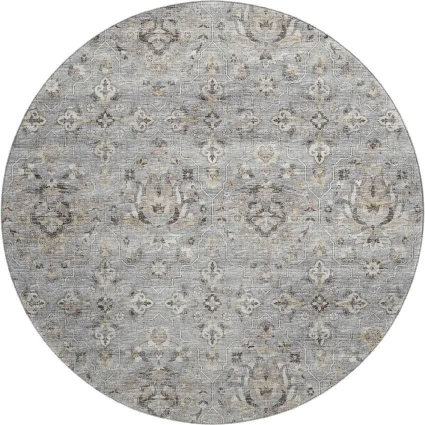 8' Ash Gray Brown And Ivory Floral Medallion Washable Round Rug With UV Protection Photo 2