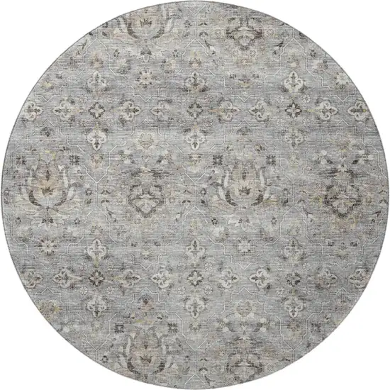 8' Ash Gray Brown And Ivory Floral Medallion Washable Round Rug With UV Protection Photo 4