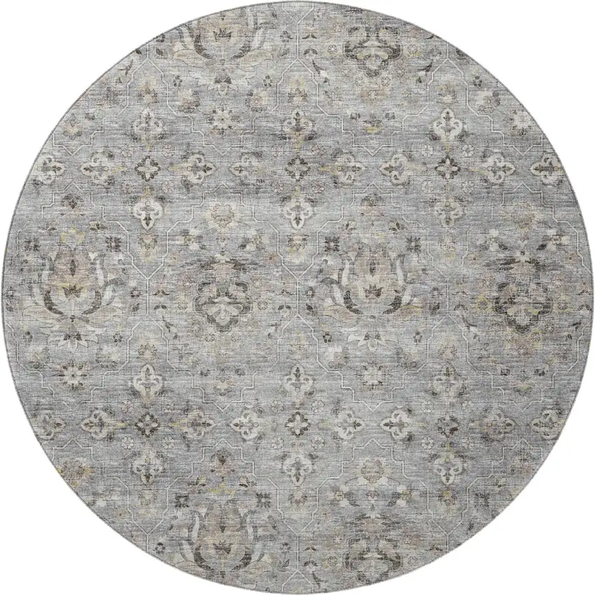 8' Ash Gray Brown And Ivory Floral Medallion Washable Round Rug With UV Protection Photo 4
