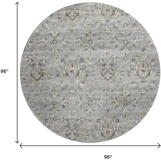 8' Ash Gray Brown And Ivory Floral Medallion Washable Round Rug With UV Protection Photo 3