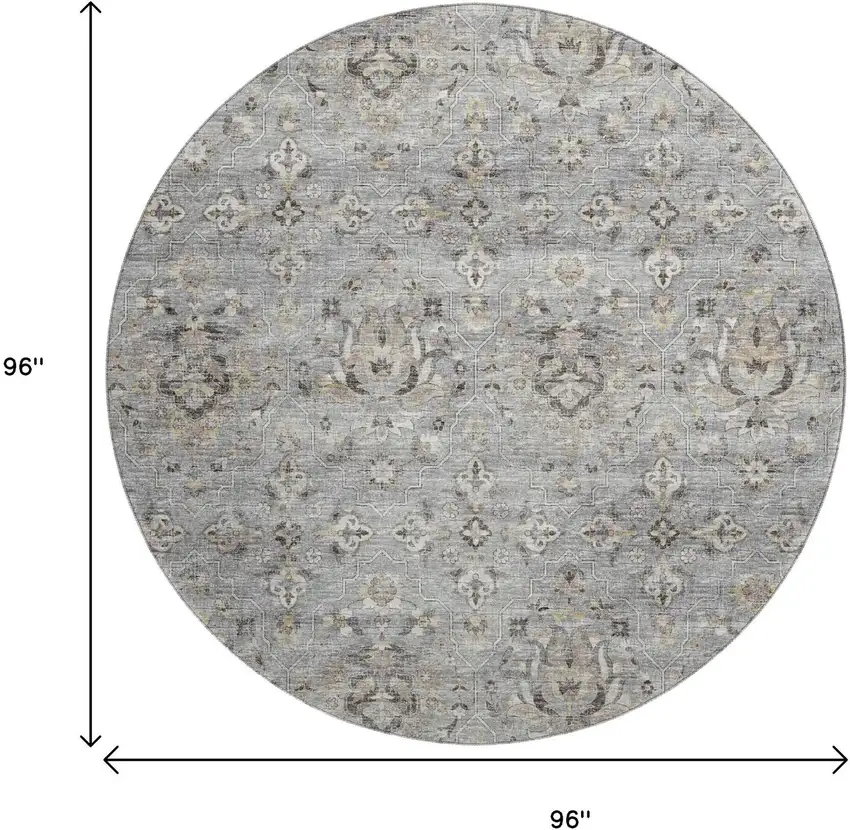 8' Ash Gray Brown And Ivory Floral Medallion Washable Round Rug With UV Protection Photo 3