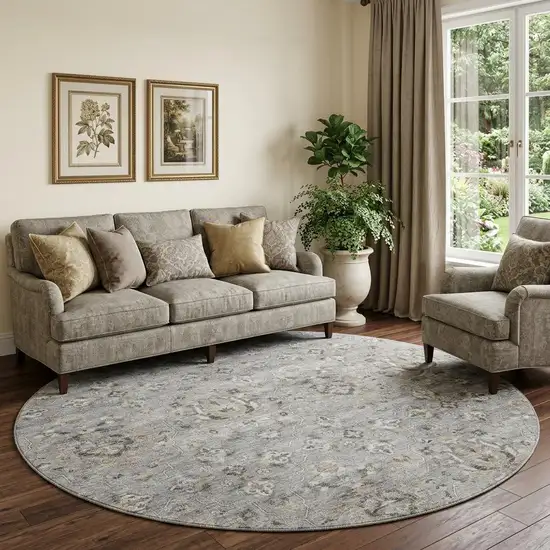 8' Ash Gray Brown And Ivory Floral Medallion Distressed Washable Round Rug With UV Protection Photo 1