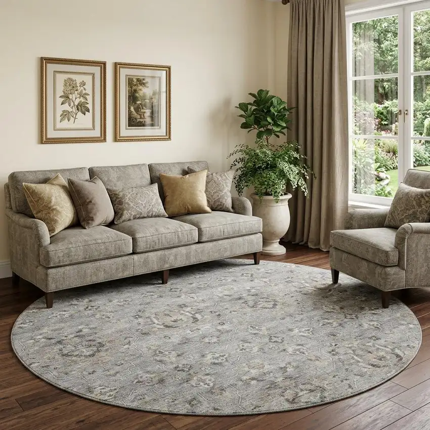 8' Ash Gray Brown And Ivory Floral Medallion Distressed Washable Round Rug With UV Protection Photo 1