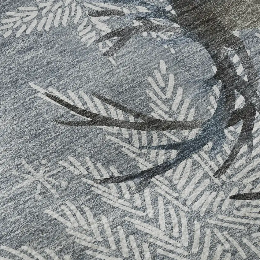 8' Gray Ivory And Blue Christmas Deer Washable Round Area Rug With UV Protection Photo 6