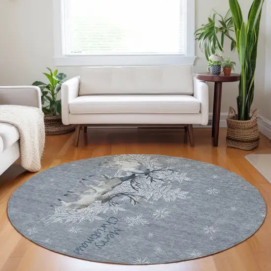 8' Gray Ivory And Blue Christmas Deer Washable Round Area Rug With UV Protection Photo 3