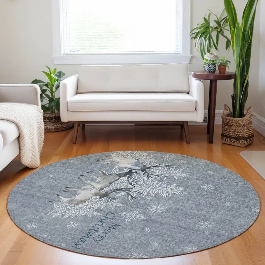 8' Gray Ivory And Blue Christmas Deer Washable Round Area Rug With UV Protection Photo 3