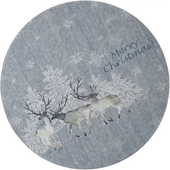 8' Gray Ivory And Blue Christmas Deer Washable Round Area Rug With UV Protection Photo 2