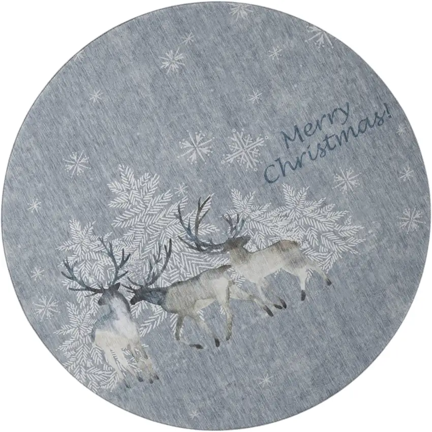 8' Gray Ivory And Blue Christmas Deer Washable Round Area Rug With UV Protection Photo 2