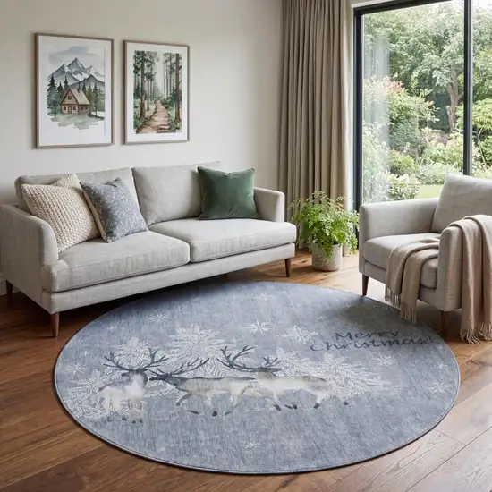 8' Gray Ivory And Blue Christmas Deer Washable Round Area Rug With UV Protection Photo 1