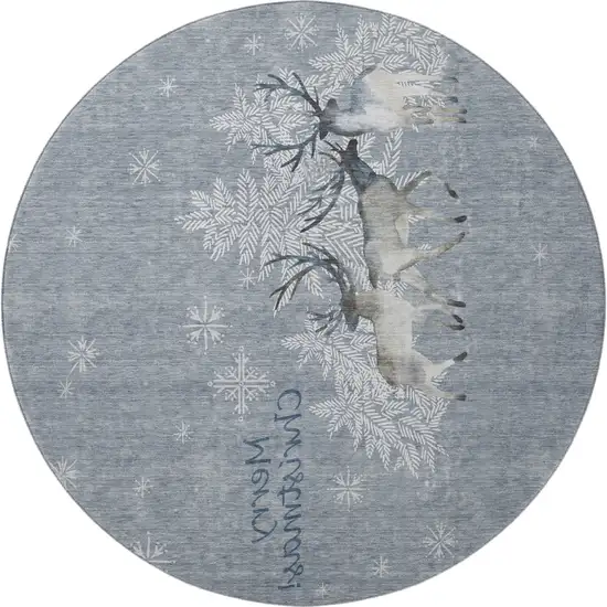 8' Ash Gray Ivory And Blue Geometric Washable Round Rug With UV Protection Photo 4