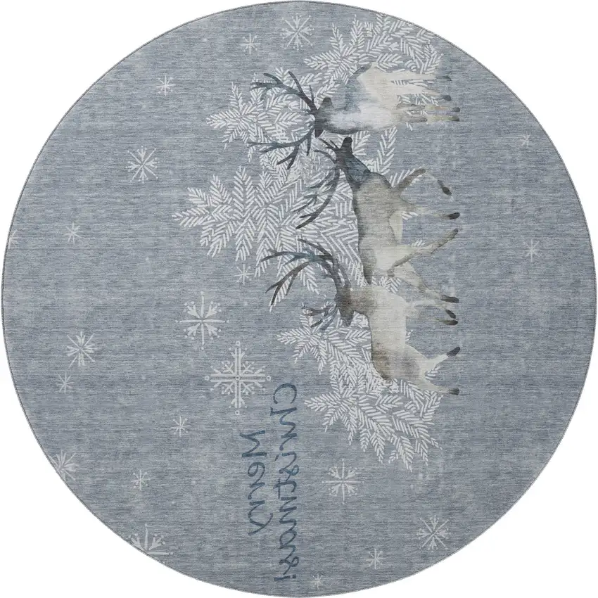 8' Ash Gray Ivory And Blue Geometric Washable Round Rug With UV Protection Photo 4