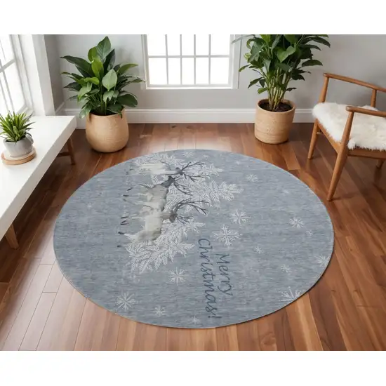 8' Ash Gray Ivory And Blue Geometric Washable Round Rug With UV Protection Photo 1