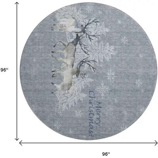 8' Gray Ivory And Blue Christmas Deer Washable Round Area Rug With UV Protection Photo 7