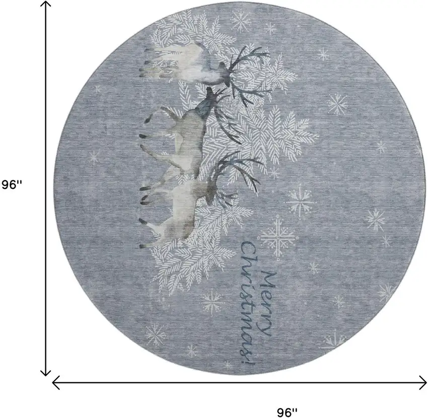 8' Gray Ivory And Blue Christmas Deer Washable Round Area Rug With UV Protection Photo 7