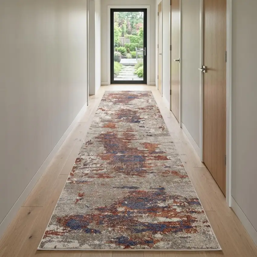10' Beige Rust And Blue Abstract Runner Rug Photo 1