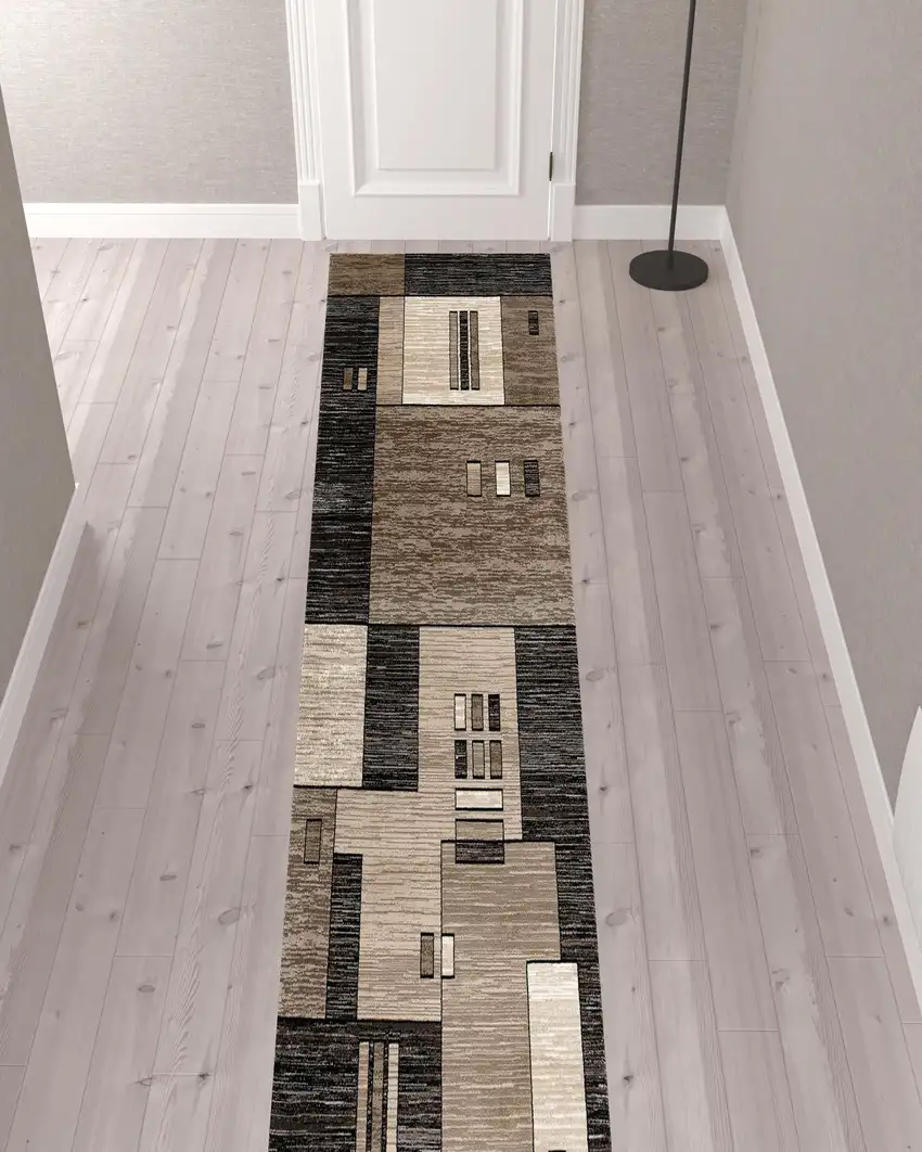 13' Beige Abstract Power Loom Runner Rug Photo 2