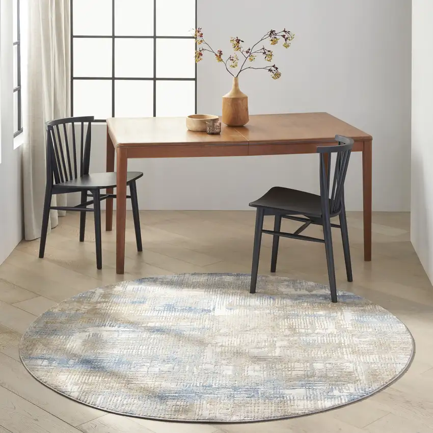 6' Beige Abstract Round Rug Photo 7