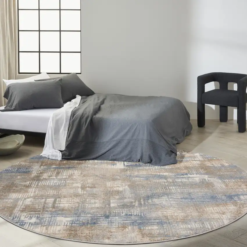 8' Beige Abstract Round Rug Photo 7