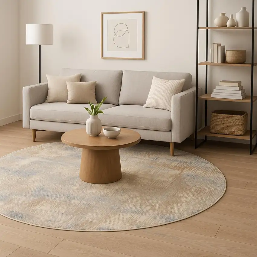 8' Beige Abstract Round Rug Photo 1