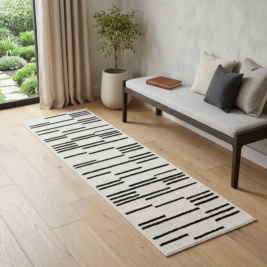 7' Beige And Black Abstract Runner Rug Photo 1