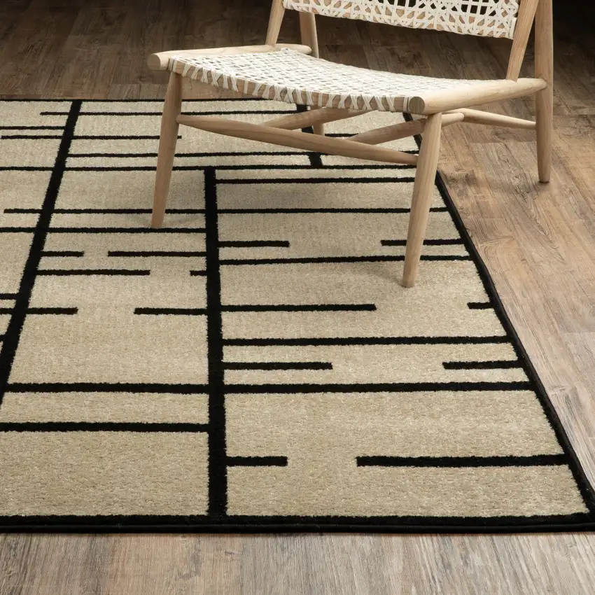 7' Beige And Black Geometric Runner Rug Photo 5