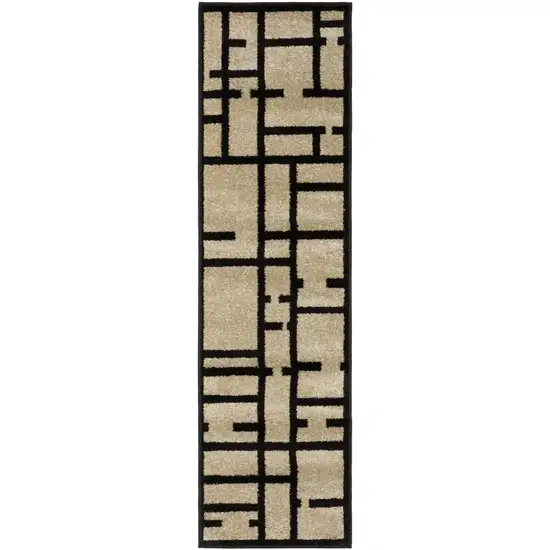 7' Beige And Black Geometric Runner Rug Photo 2