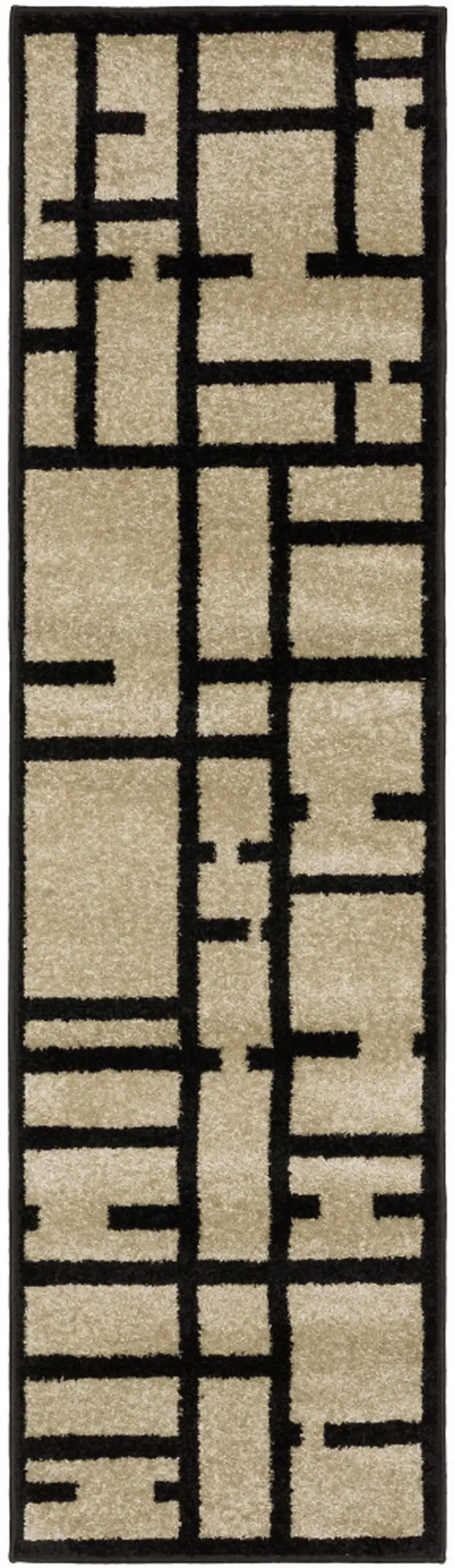 7' Beige And Black Geometric Runner Rug Photo 2
