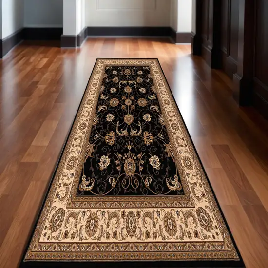 12' Beige And Black Oriental Runner Rug Photo 1