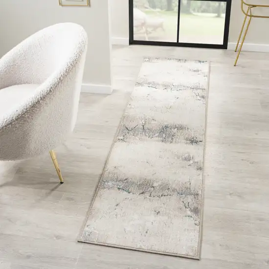 7' Beige And Blue Abstract Distressed Runner Rug Photo 6