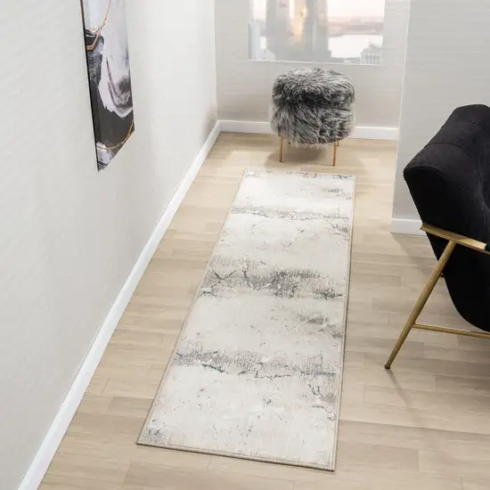 7' Beige And Blue Abstract Distressed Runner Rug Photo 4