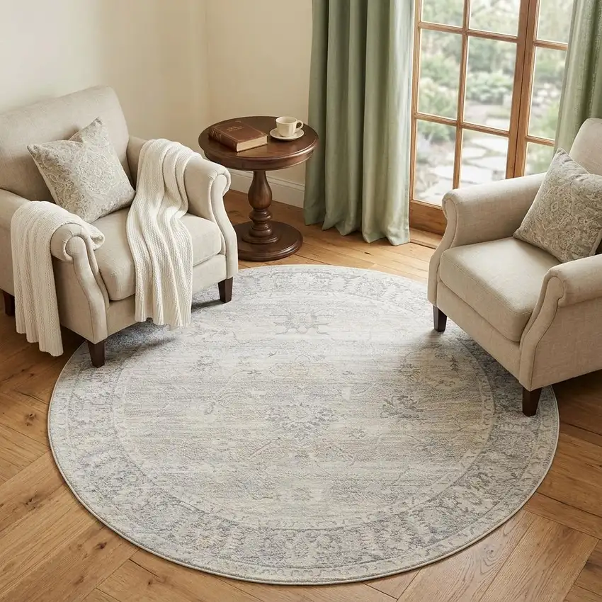 6' Beige And Blue Abstract Round Rug Photo 1