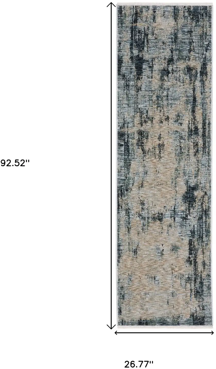 8' Beige And Blue Abstract Runner Rug With Fringe Photo 3