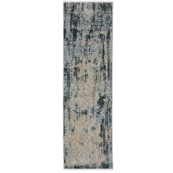 8' Beige And Blue Abstract Runner Rug With Fringe Photo 2