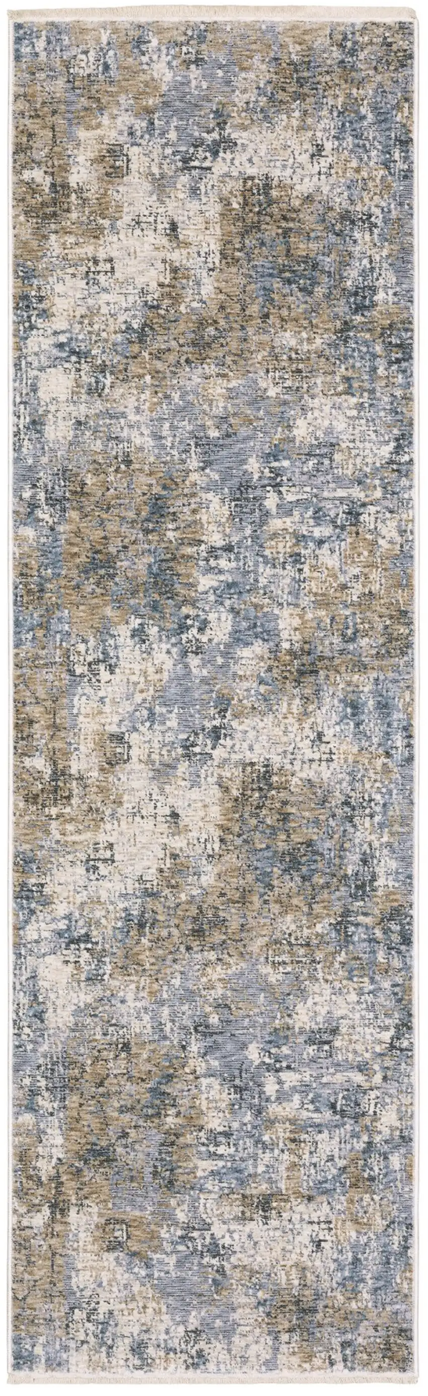 8' Beige And Blue Abstract Runner Rug With Fringe Photo 2