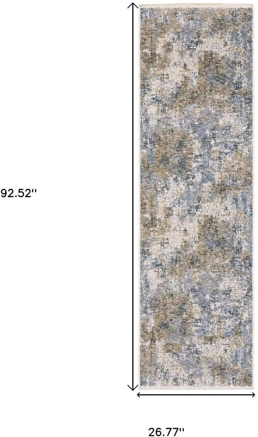 8' Beige And Blue Abstract Runner Rug With Fringe Photo 3
