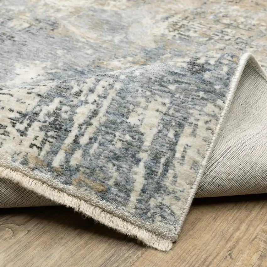 8' Beige And Blue Abstract Runner Rug With Fringe Photo 9