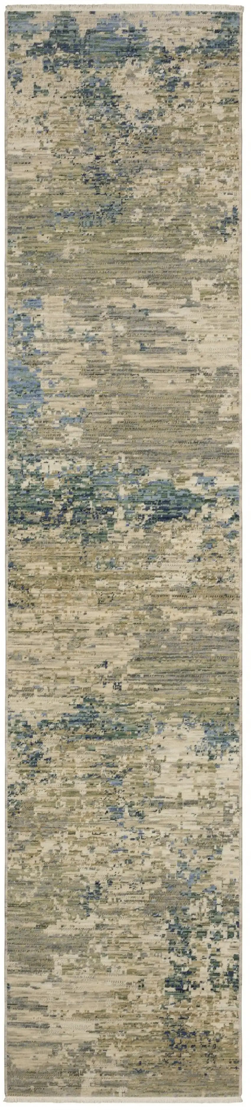 12' Beige And Blue Abstract Runner Rug With Fringe Photo 1