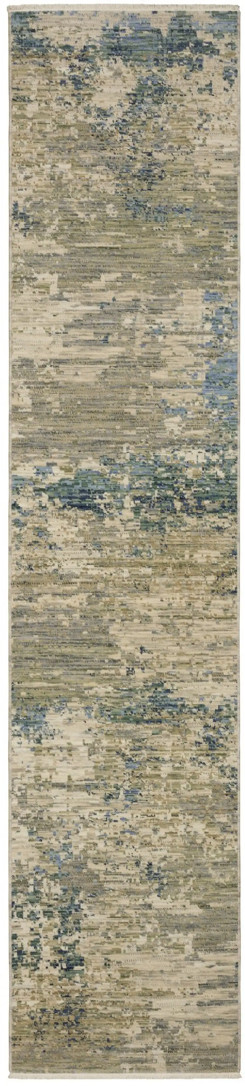 12' Beige And Blue Abstract Runner Rug With Fringe Photo 3