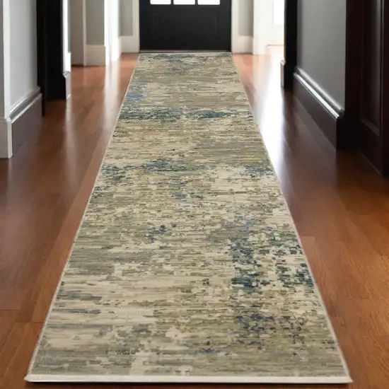 12' Beige And Blue Abstract Runner Rug With Fringe Photo 1