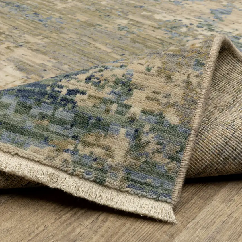 12' Beige And Blue Abstract Runner Rug With Fringe Photo 7