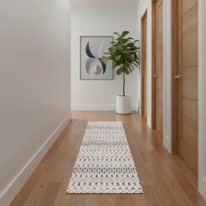 11' Beige And Blue Abstract Runner Rug Photo 1